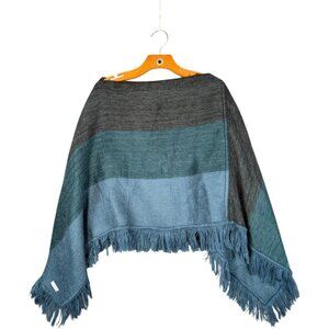 Pokoloko Alpaca Poncho Fringe Blue Colorblock Boho Cozy OS
